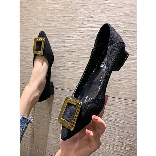 Womens shoes, leather shoes, 2021 spring new low-heel pointed-toe shallow mouth suede metal square buckle casual shoes