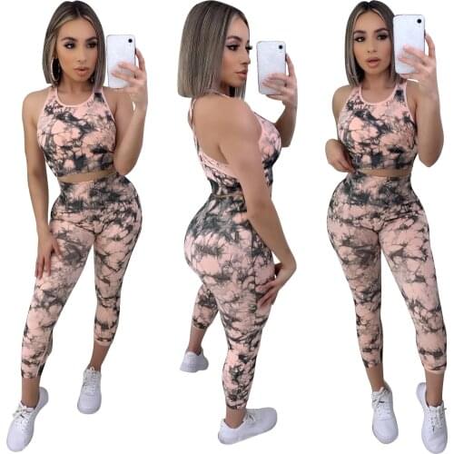 Women Casual Printed Outfit 2Pcs Sleeveless Crop Tank Top+High Waist Slim Pant Sets Casual Sport Clothes