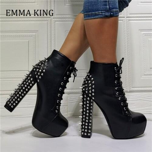 Winter Fall Women Black Spike Platform Boots Sexy 14cm High Heeled Ankle Boots Vintage Night Club Women Shoes Botas De Mujer