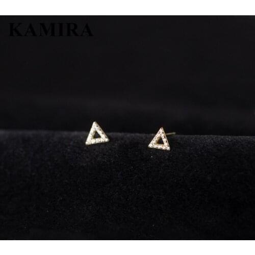 KAMIRA Real 925 Sterling Silver Fashion Bohemian Triangle Pave Zircon Stud Earrings for Women Men Party Chic Golden Jewelry Gift