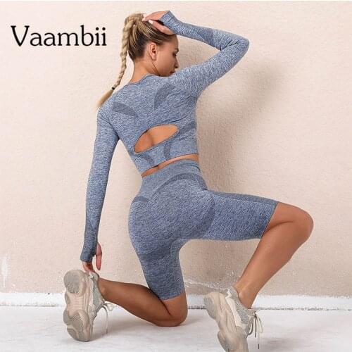 Womens Seamless Sports Suit For Fitness Knitted Sport Suits 2021 Two Piece Shorts Tracksuit Long Sleeve Crop Top Yoga Kit