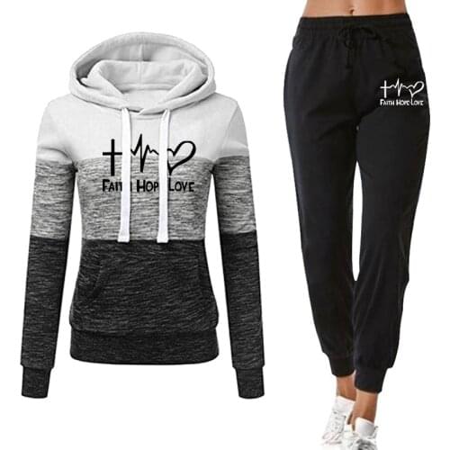 Tracksuit Women 2 Piece Set Sweatshirt Print Hoodies+Pants Sportwear Womens Sports Suit Female Hooded Set Winter Suit