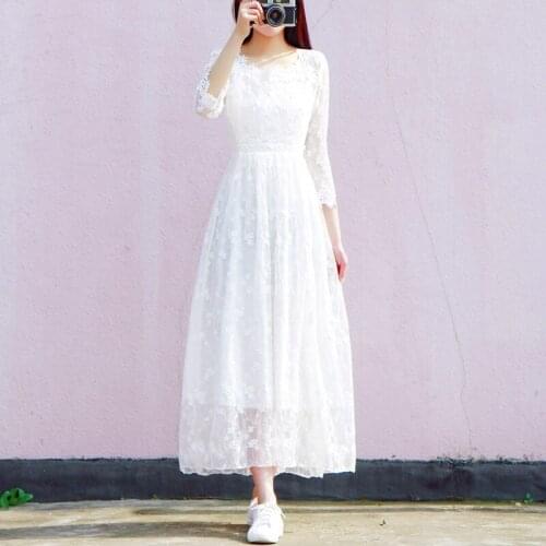 High quality New Ladies Lace dress 2019 summer Elegant white dress Korean fashion clothing High waist Long Large dresses 1127