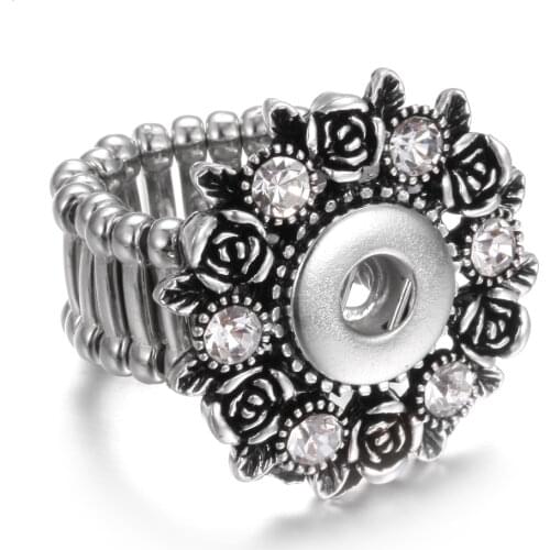 10pcs/lot Wholesale Vintage Adjustable 12MM Snap Ring for Women Silver color Rose Flower Button Party Rings Snap Jewelry