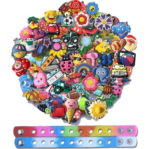100pcs/lot various styles random shoe accessories shoe charms +2pcs bracelets fit Clog and wrisband for children gift
