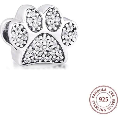 100% 925 Sterling Silver Clear CZ Paw Print Charms Beads Fits Original Pandora Bracelets Charm DIY Fashion Jewelry Making