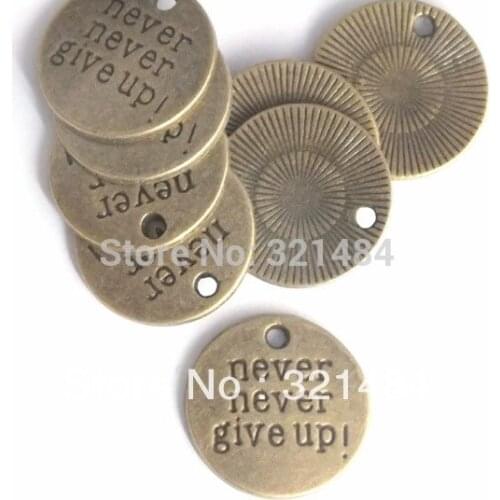 20mm "never never give up" 100pcs round tag antique bronze alphabet charms jewelry beads making findings