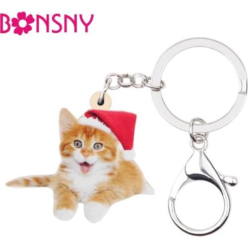 Bonsny Acrylic Christmas Sweet Cat Kitten Key Chains Key Ring Bag Wallet Car Keychain Pendant Girl Teens Women Fashion Gift Bulk