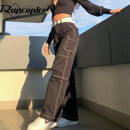 Rapcopter Bright Line Cargo Jeans Big Pockets Patchwork Denim Pants y2k Fashion Hot Mom Jeans Goth Black Trousers Women Joggers