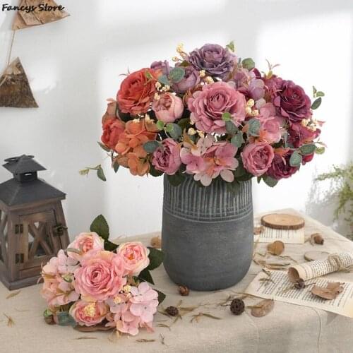 A bunch 29*20cm Mini Rose Hydrangea Cloth Artificial Flower For Wedding Party Home Room Marriage Hats Accessories Silk Flower