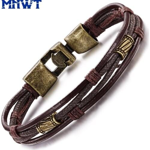 MNWT Brown Leather Bracelet Men Bangle Stainless Steel Fashion Vintage Man Bracelets Wristband Jewelry Gift Pulseira Masculina