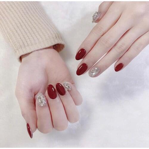 Round wine red pure color with full diamond 3d decorated fake nails Japanese lady full nail tips cute bride false nails 24pcs