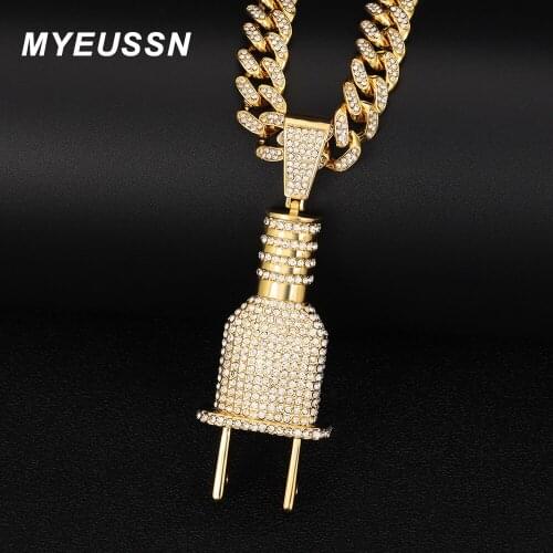 Hip Hop Plug Shape Pendant Necklace Men Gold Color Iced Out Cuban Chain Necklace For Women Big Pendent Hip Hop Jewellery Gift