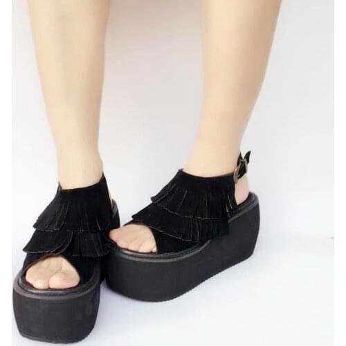 Princess sweet lolita shoes Pure handmade leather muffins thick sole casual shoes fringed shoes all match fashion women an7531