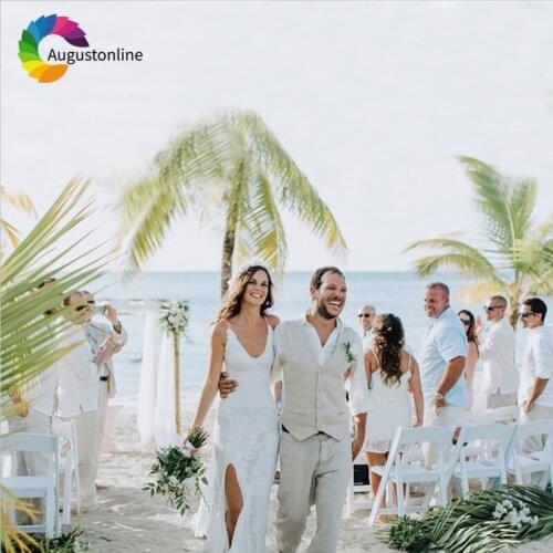 Custom Made Beach Wedding Beige Linen Men Suits for Wedding 2018 Classic Suits Slim Fit Groom Tuxedo 2Pieces Vest+Pant Prom Wear