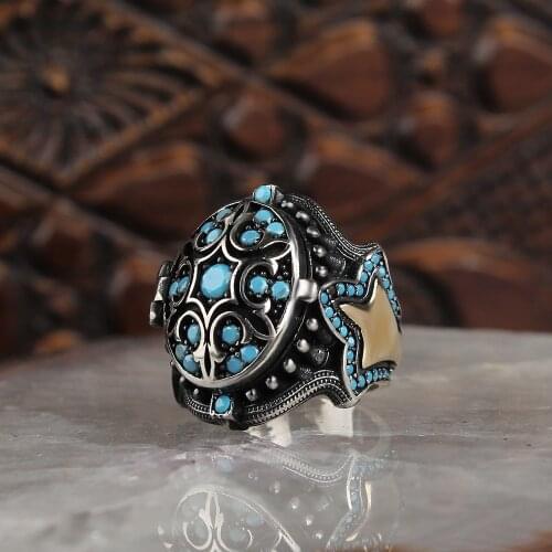 Natural Turquoise Stone Power Special Traditional Handmade 925 Silver Ring Turkish Signet Rings Rock Jewelry Gift for Women Men