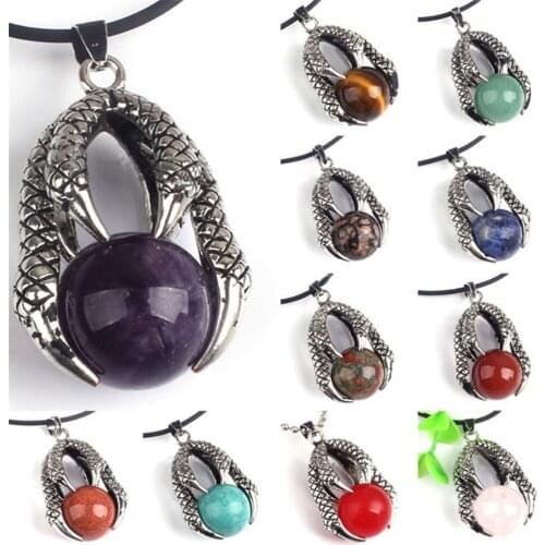 Natural Reiki Amethyst Pendant Round Ball Rose Quartz Crystal Stone Eagle Claw Metal PU Chain Necklace Artificial Opal Malachite