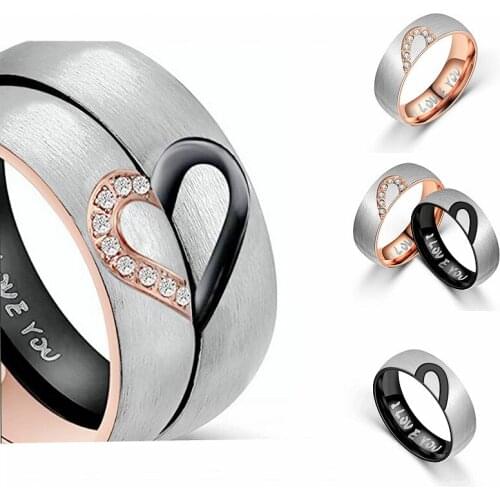 Stainless Steel Frosted Lover Rings Rose Gold & Black CZ Heart Couple Rings for Women Men Promise Anniversary Gift