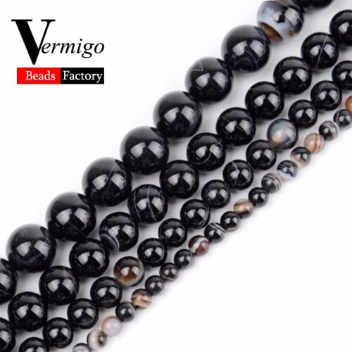 Wholesale Natural Agates Stone Beads Smooth Black Stripe Onyx Round Loose Spacer Beads For Jewelry Making Diy Bracelet4-12mm