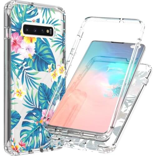 2 in 1 Clear Painted Flower Case for Samsung Galaxy S10+ S10 Plus SM-G975F Hard PC + Soft TPU Full Protective Phone Back Cover