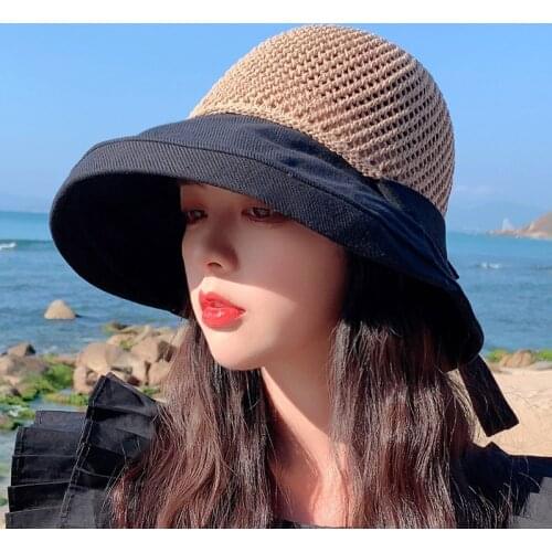 Korea Fashion Bowknot Straw Hats Women UV Protection Sun Hat Hollow Out Summer Beach Cap Breathable Foldable Bucket Hats