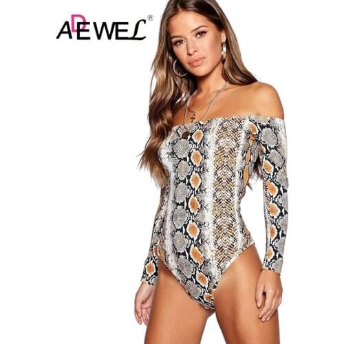 ADEWEL Sexy Off Shoulder Snake Print Bodysuit Long Sleeve Combinaison Pantalon Femme Moda Feminina Body Mujer Women Jumpsuit L