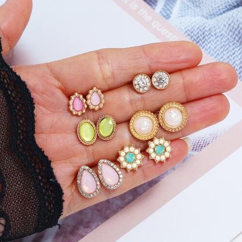 Vintage Gem Earrings Sets For Women Girl Metal Round Water Drop Crystal Flower Statement Studs Jewelry Oorbellen Party New