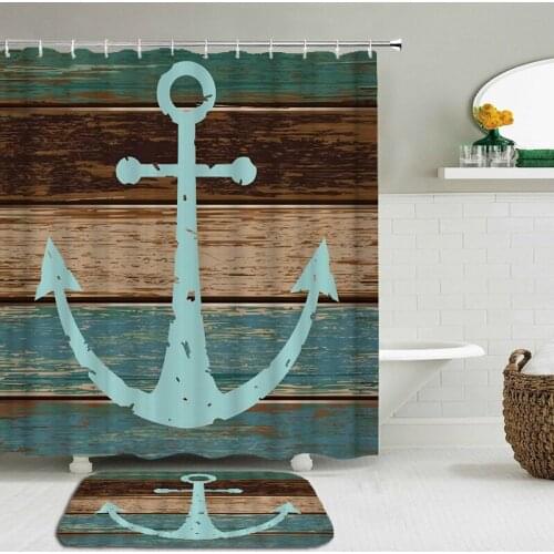 Blue Wood pattern Fly Ship Anchor Shower Curtains Waterproof Bathroom Curtain Set Bathtub Curtain Non-slip Rugs Toilet Bath Mat