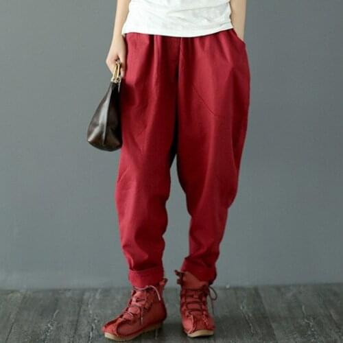 Women 2016 Fall Vintage Loose Cross pants Ladies Splicing Pockets Cotton Linen Solid Color Casual Elastic Waist Trousers Female