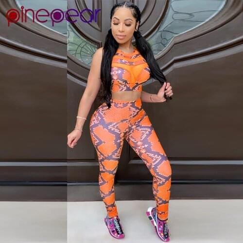 PinePear Snake Print 2 Piece Outfits for Women Mesh Crop Tank Top + Pants Yoga Set Sportwear Fitness Suit Sport Wear Wholesale