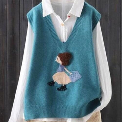2021 Spring Autumn New Korean Loose Cartoon Girl Jacquard Sweater V-Neck Sleeveless Short Knit Waistcoat Vest Women X373
