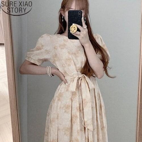 2021 New High Waist Belt Floral Print Dresses Chic Puff Short Sleeve Dress Women Midi Long Dress Summer Vestido Feminino 14721