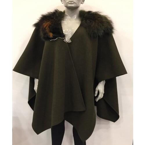 Womens Real Alpaca Long Poncho Fox Fur Collar Wool Plus Size Casual Natural High Quality Elegant Outerwear Bussiness Coat