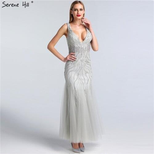 2020 Dubai Grey V-Neck Mermaid Evening Dresses Lace Beading Sequined Sexy Formal Dress Real Photo LA60983