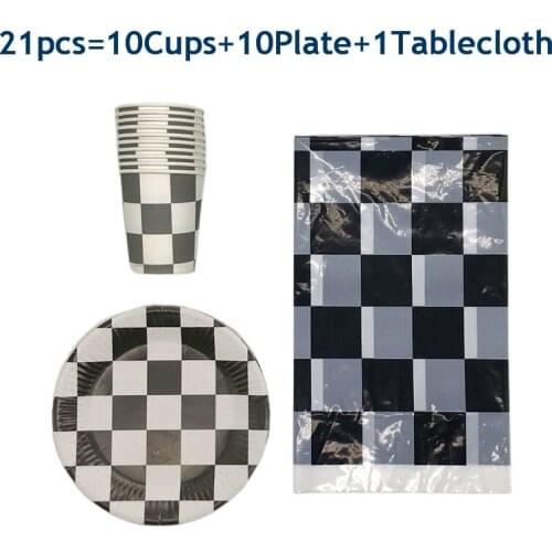 21/41pcs Racing Car Driving Disposable Tableware Black White Tablecloth Tableware Birthday Party Supplies Game On Cup Plate