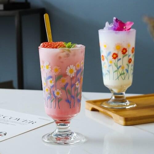 280ml Creative Transparent Glass Cute Lemon Peach Rose Bee Flower Hand-painted Goblet Ice Cream Cup French Romantic Dessert Cups