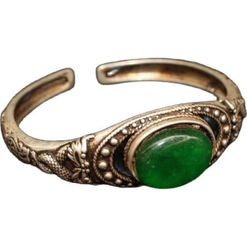 Tibet And Nepal Folk Old Tibetan Silver Inlaid With Greenstone Jade Bracelet