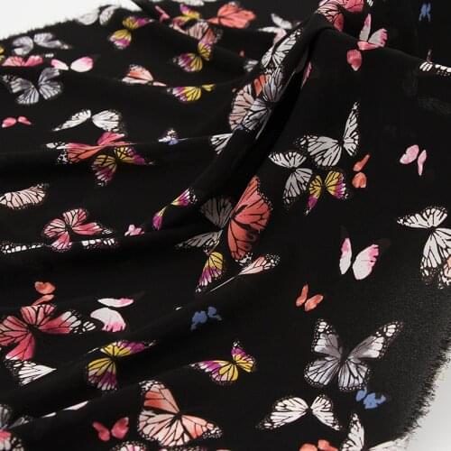 Black Chiffon Fabric Floral Printed Fabric Butterfly Pattern Fashion Polyester Fabric for Dress, By the Meter