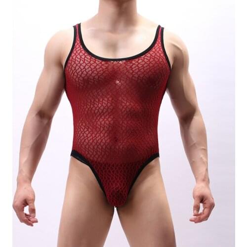 Hot Transparent Lace Bodywear Men Bodysuit Sexy See Through Underwear Gey Mens Lingerie Man Undershirt Singlet Elastic Mesh