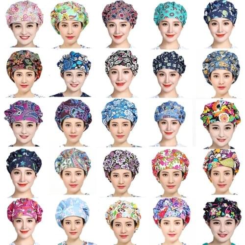 Scrubs Caps for Women Elastic Adjustable Hats Pattern Printed Sweatband Bouffant Caps Cotton Reuseable Working Hats Accessories