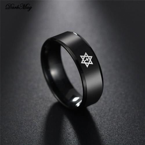 DarkMag 2020 New Black Titanium Steel Pentagram Star of David Cross Ring Mens Women Wedding Band Israel Jewish Jewelry