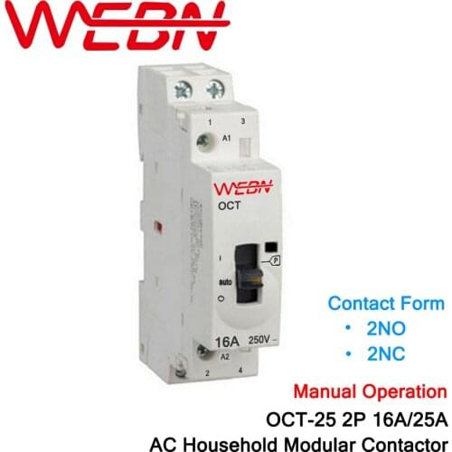 OCT-25 Series 2P 16A/25A Manual Operation AC Household Modular Contactor 220V/230V 50/60Hz Contact 2NO/2NC Din Rail Contactor
