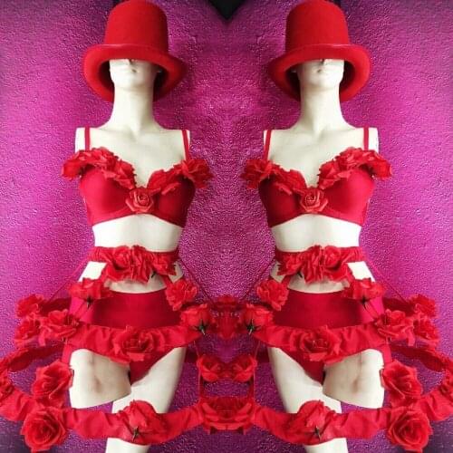 Red white rose stage flower love costume women stage performance DJ DS show singer costumes Sexy party wear