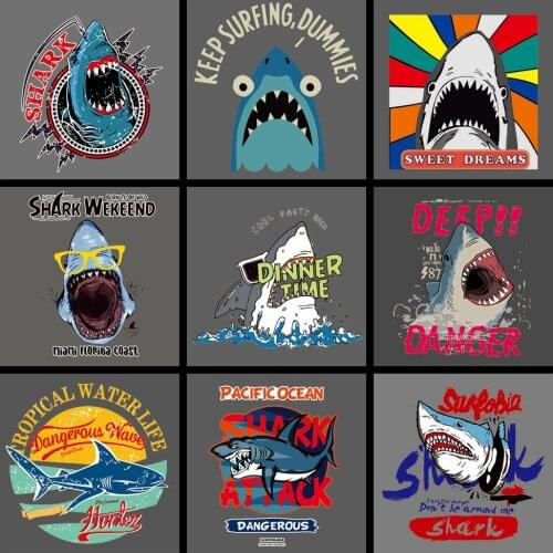 Fashion Crazy Shark Weekend Iron On Patches Stickers Washable Appliques A-level Patch Heat Transfer For DIY T-shirt Accessory