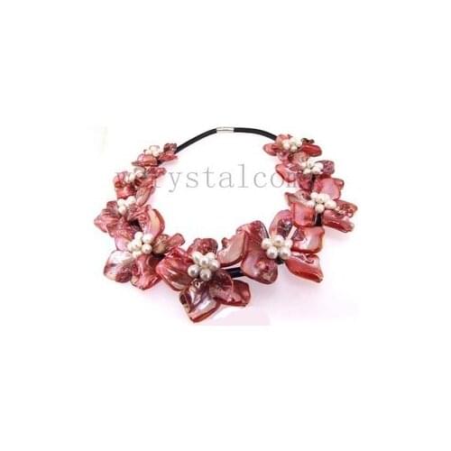 Charming Real Cultured Freshwater Pearl Nine Pink Shell Flower Necklace