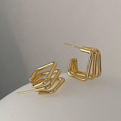 Origin Summer Minimalist Gold Color Multi-layer Geometric Hoop Earring for Women Girls Hollow Out C Shape Earring Jewelry