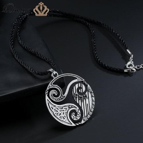 QIMING Silver Spiral Triskele Pendant Necklace Men Women Punk Vintage Celtic Jewelry Amulet Black Crystal Viking Necklace