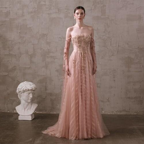 Pink Party Gown Sleeveless Evening Dress Boat Neckline A-Line Prom Dress With Sweep Train Evening Gown