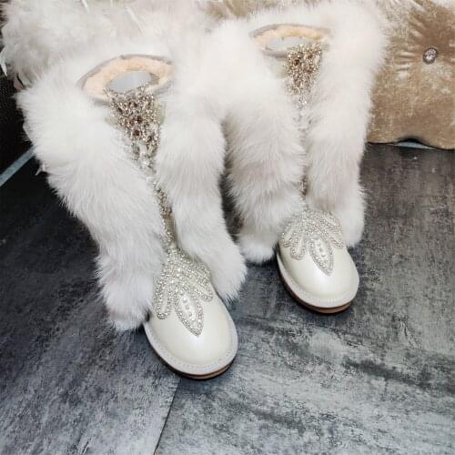 Heavy industry fox fur high tube snow boots with rhinestones handmade thickened leather warm goddess cotton boots high tube
