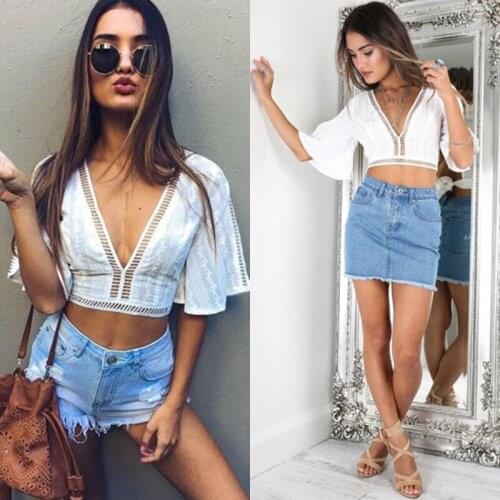 Sexy Fashion Summer Women Ladies Tops Short Sleeve Deep V-Neck White Lace Short Length Blouse Tops Size S/M/L/XL